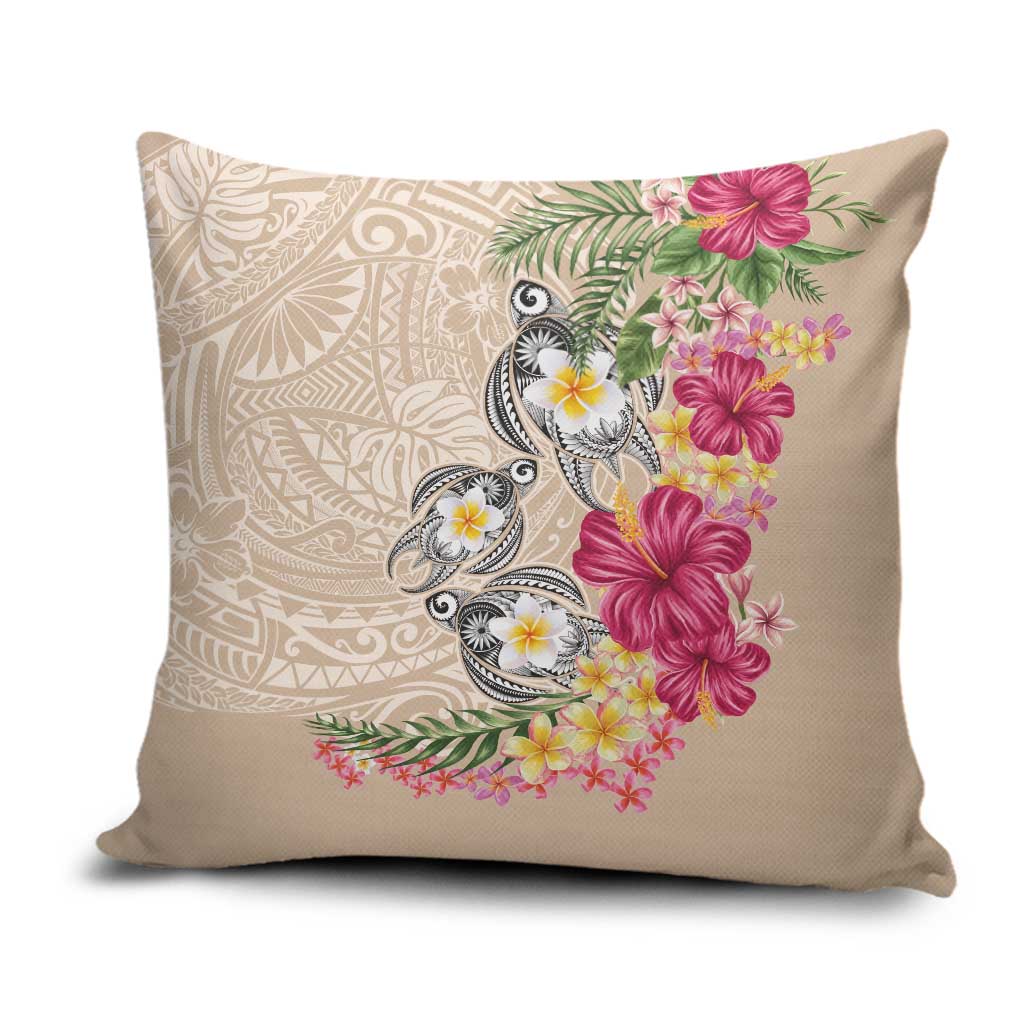 Hawaiian Tropical Flowers and Tribal Turtles Pillow Cover Polynesian Art Motifs Beige Color - Polynesian Pride