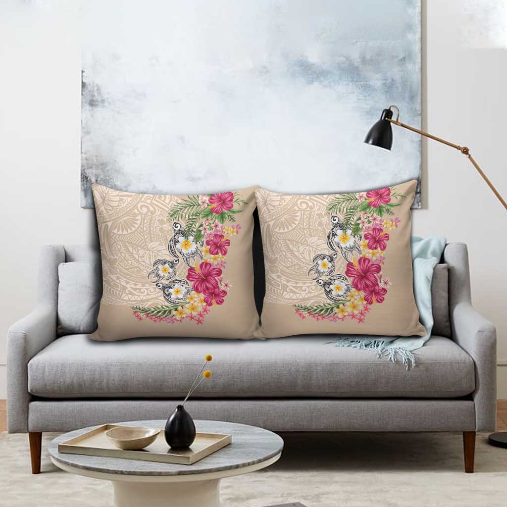 Hawaiian Tropical Flowers and Tribal Turtles Pillow Cover Polynesian Art Motifs Beige Color - Polynesian Pride