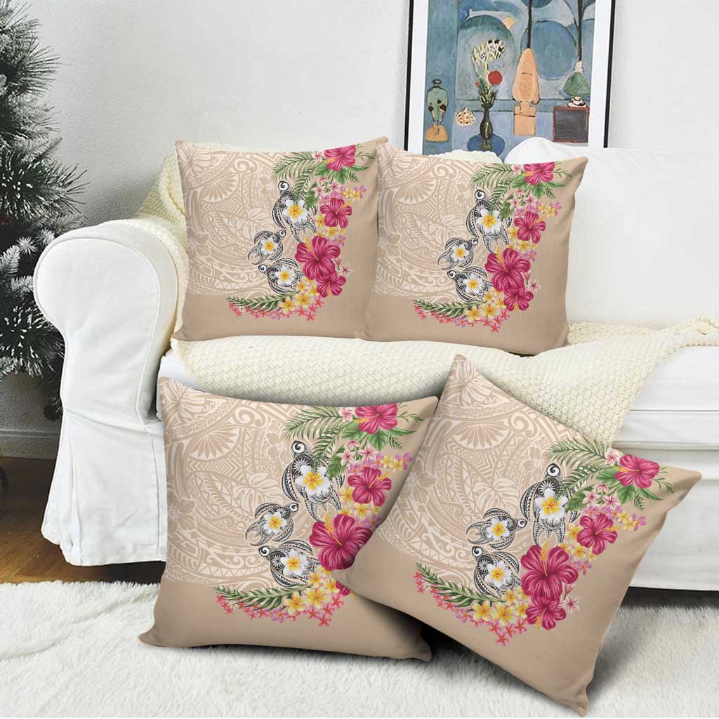 Hawaiian Tropical Flowers and Tribal Turtles Pillow Cover Polynesian Art Motifs Beige Color - Polynesian Pride