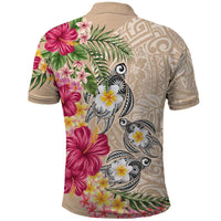 Hawaiian Tropical Flowers and Tribal Turtles Polo Shirt Polynesian Art Motifs Beige Color - Polynesian Pride