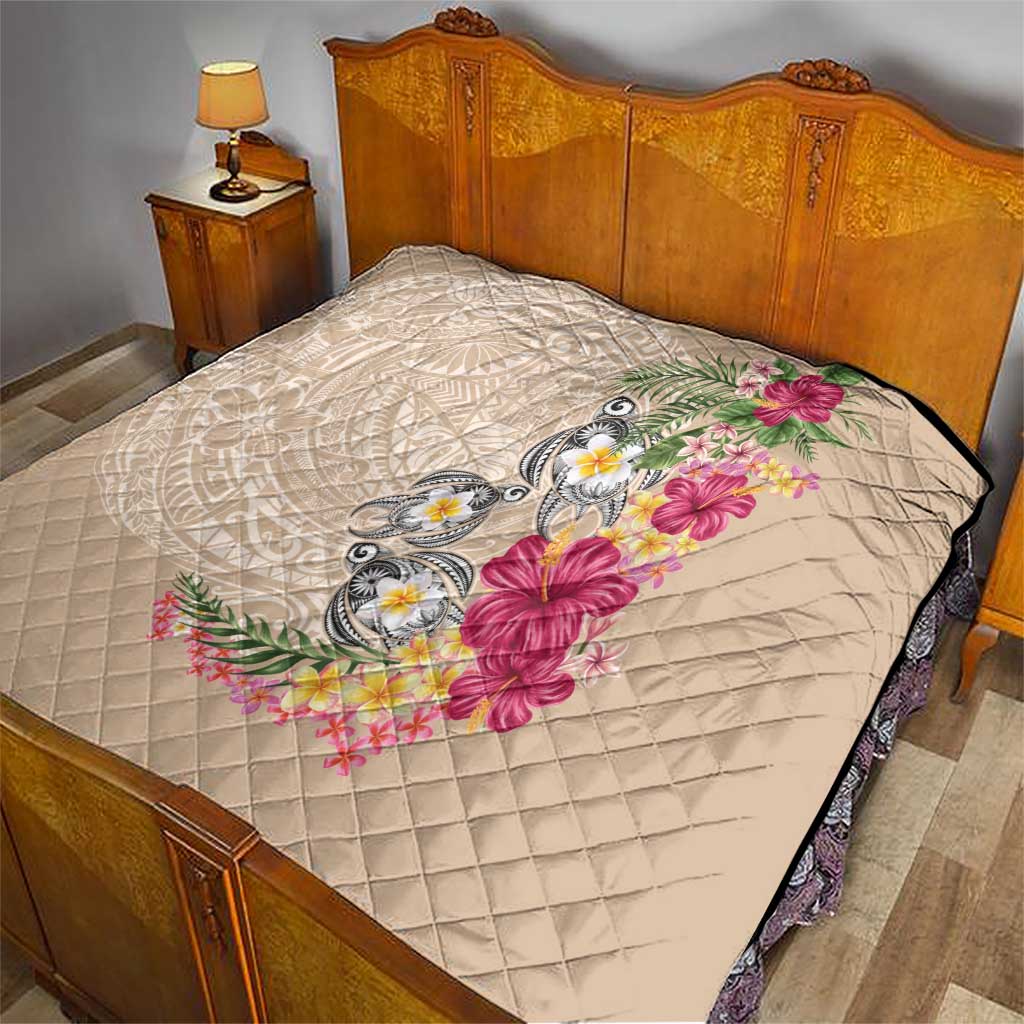 Hawaiian Tropical Flowers and Tribal Turtles Quilt Polynesian Art Motifs Beige Color - Polynesian Pride