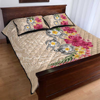 Hawaiian Tropical Flowers and Tribal Turtles Quilt Bed Set Polynesian Art Motifs Beige Color - Polynesian Pride