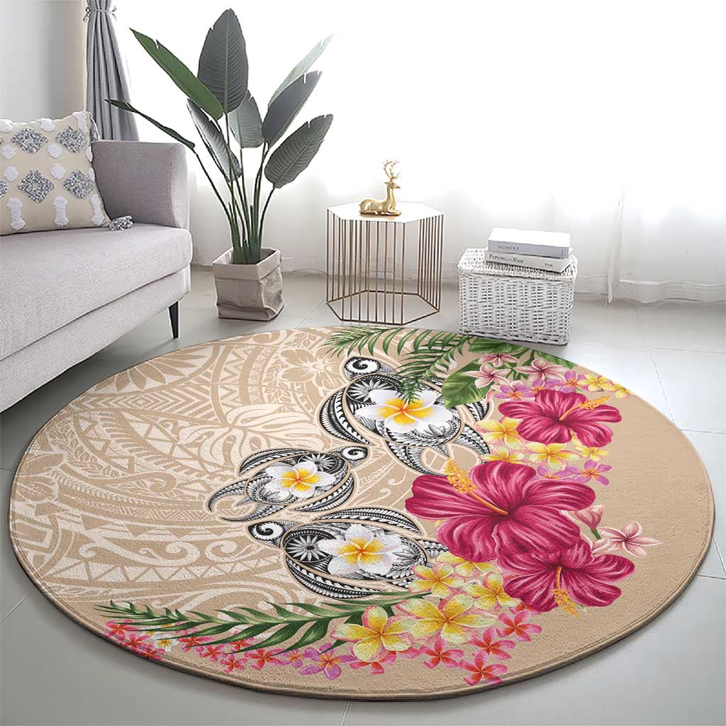 Hawaiian Tropical Flowers and Tribal Turtles Round Carpet Polynesian Art Motifs Beige Color - Polynesian Pride