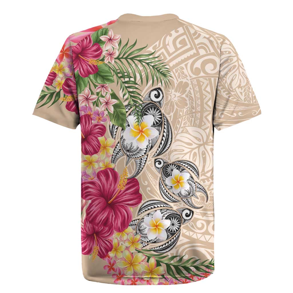 Hawaiian Tropical Flowers and Tribal Turtles Rugby Jersey Polynesian Art Motifs Beige Color - Polynesian Pride