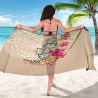 Hawaiian Tropical Flowers and Tribal Turtles Sarong Polynesian Art Motifs Beige Color - Polynesian Pride