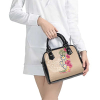 Hawaiian Tropical Flowers and Tribal Turtles Shoulder Handbag Polynesian Art Motifs Beige Color - Polynesian Pride