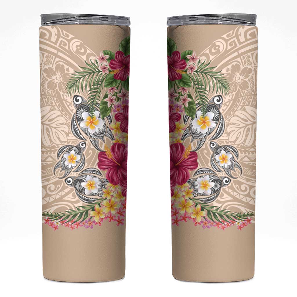 Hawaiian Tropical Flowers and Tribal Turtles Skinny Tumbler Polynesian Art Motifs Beige Color - Polynesian Pride