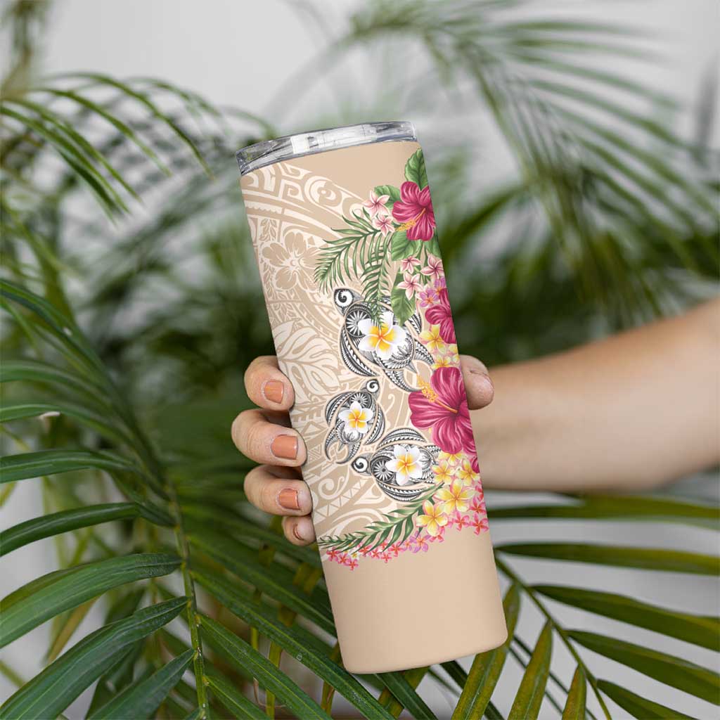 Hawaiian Tropical Flowers and Tribal Turtles Skinny Tumbler Polynesian Art Motifs Beige Color - Polynesian Pride