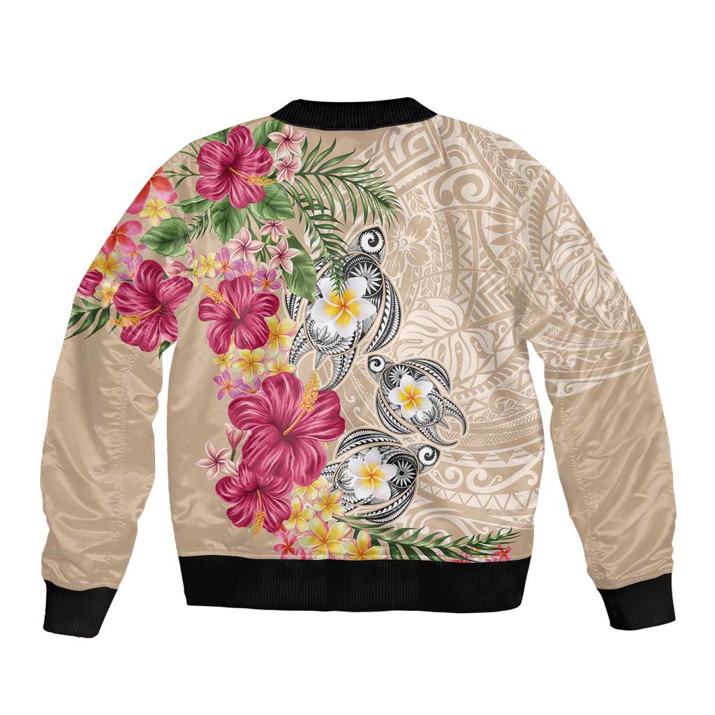 Hawaiian Tropical Flowers and Tribal Turtles Sleeve Zip Bomber Jacket Polynesian Art Motifs Beige Color - Polynesian Pride
