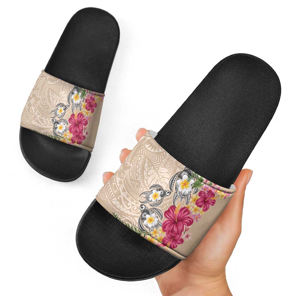Hawaiian Tropical Flowers and Tribal Turtles Slide Sandals Polynesian Art Motifs Beige Color - Polynesian Pride