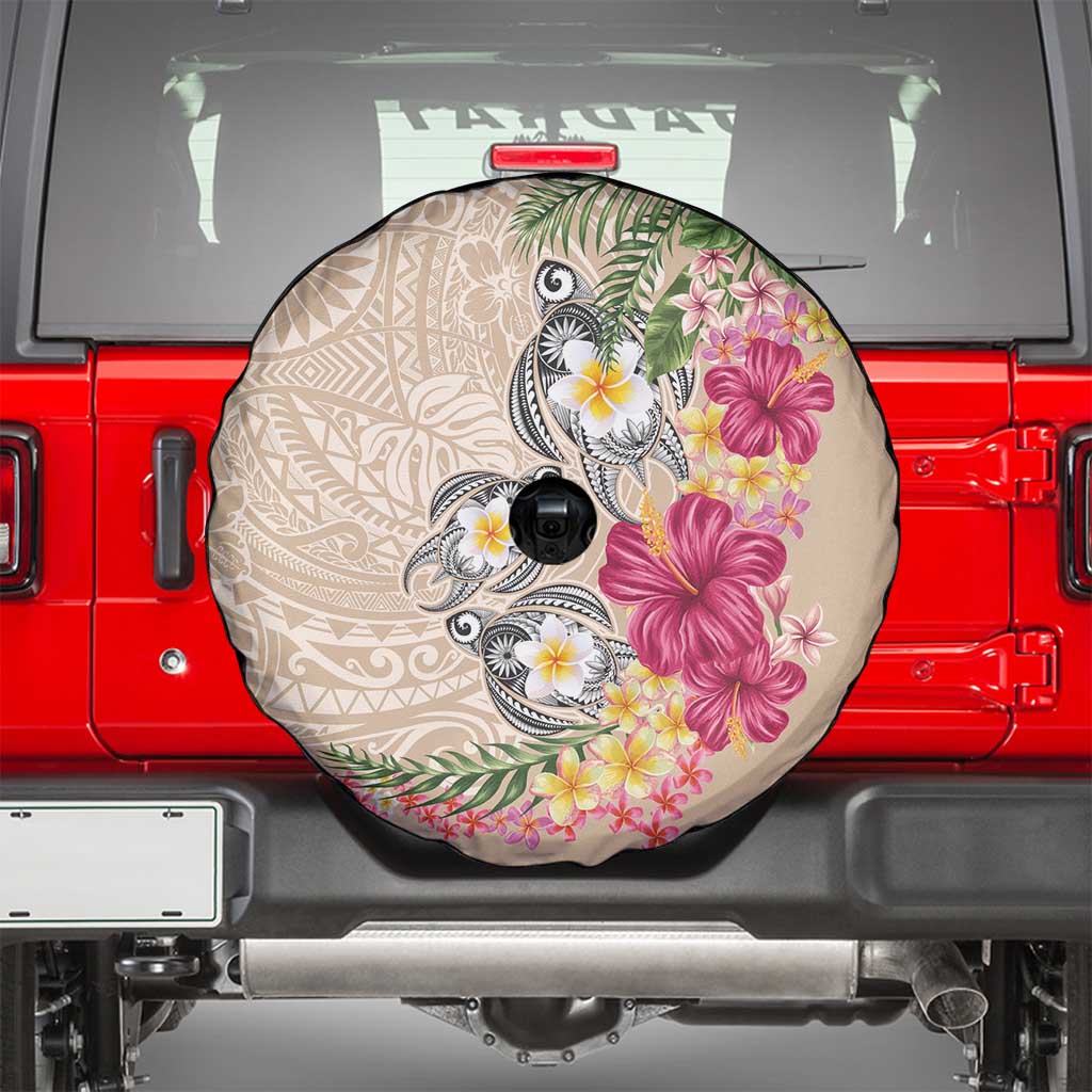 Hawaiian Tropical Flowers and Tribal Turtles Spare Tire Cover Polynesian Art Motifs Beige Color - Polynesian Pride