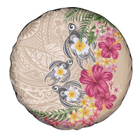 Hawaiian Tropical Flowers and Tribal Turtles Spare Tire Cover Polynesian Art Motifs Beige Color - Polynesian Pride
