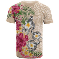 Hawaiian Tropical Flowers and Tribal Turtles T Shirt Polynesian Art Motifs Beige Color - Polynesian Pride
