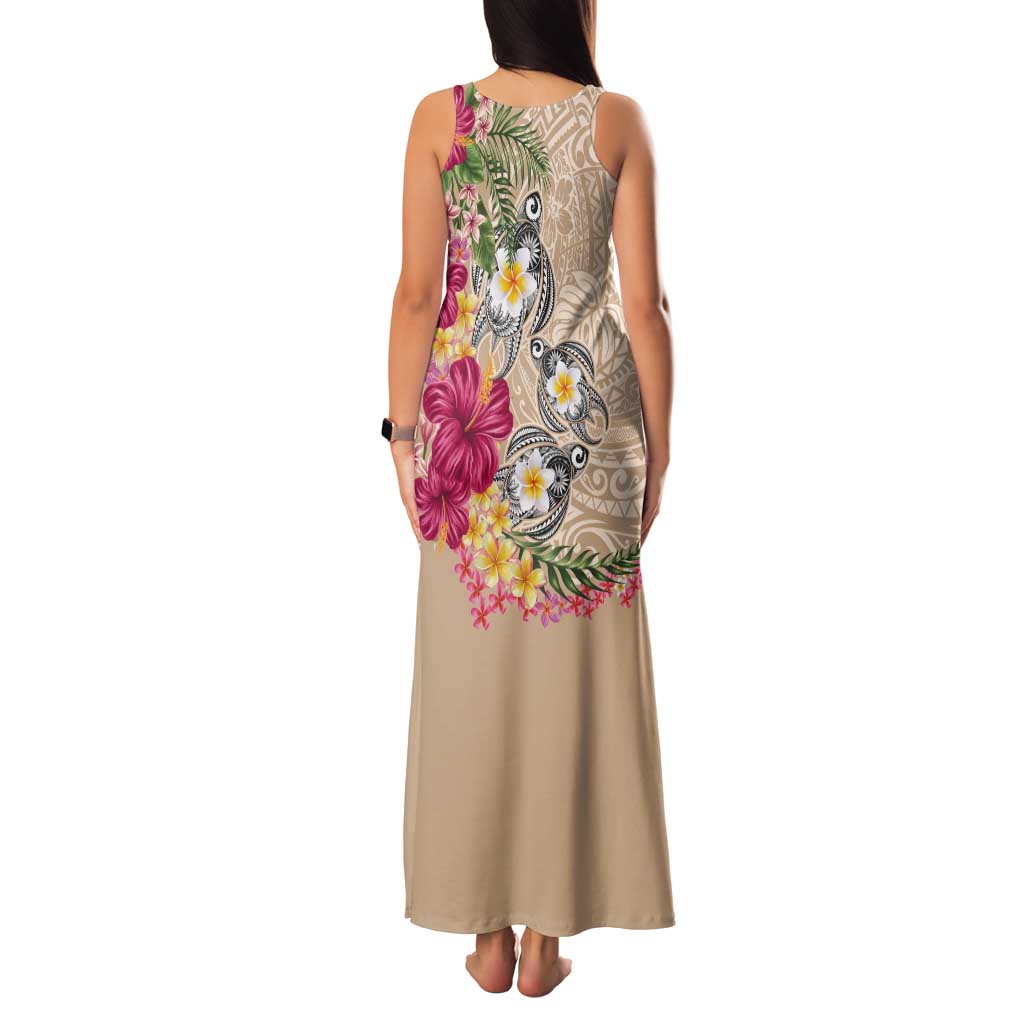 Hawaiian Tropical Flowers and Tribal Turtles Tank Maxi Dress Polynesian Art Motifs Beige Color - Polynesian Pride