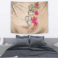 Hawaiian Tropical Flowers and Tribal Turtles Tapestry Polynesian Art Motifs Beige Color - Polynesian Pride