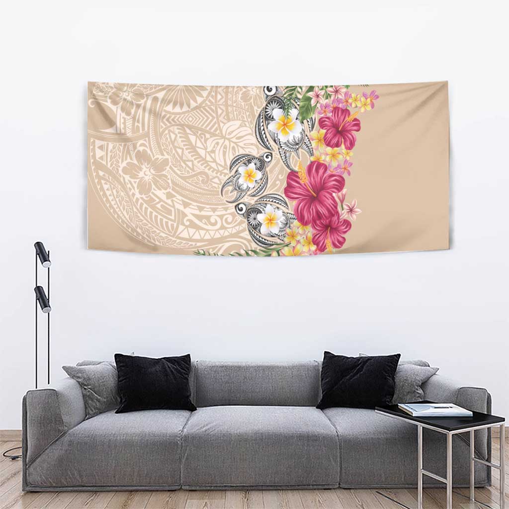 Hawaiian Tropical Flowers and Tribal Turtles Tapestry Polynesian Art Motifs Beige Color - Polynesian Pride