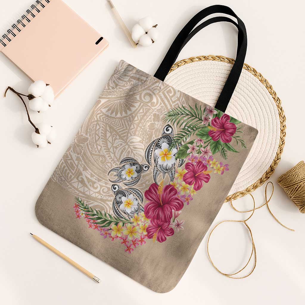 Hawaiian Tropical Flowers and Tribal Turtles Tote Bag Polynesian Art Motifs Beige Color - Polynesian Pride