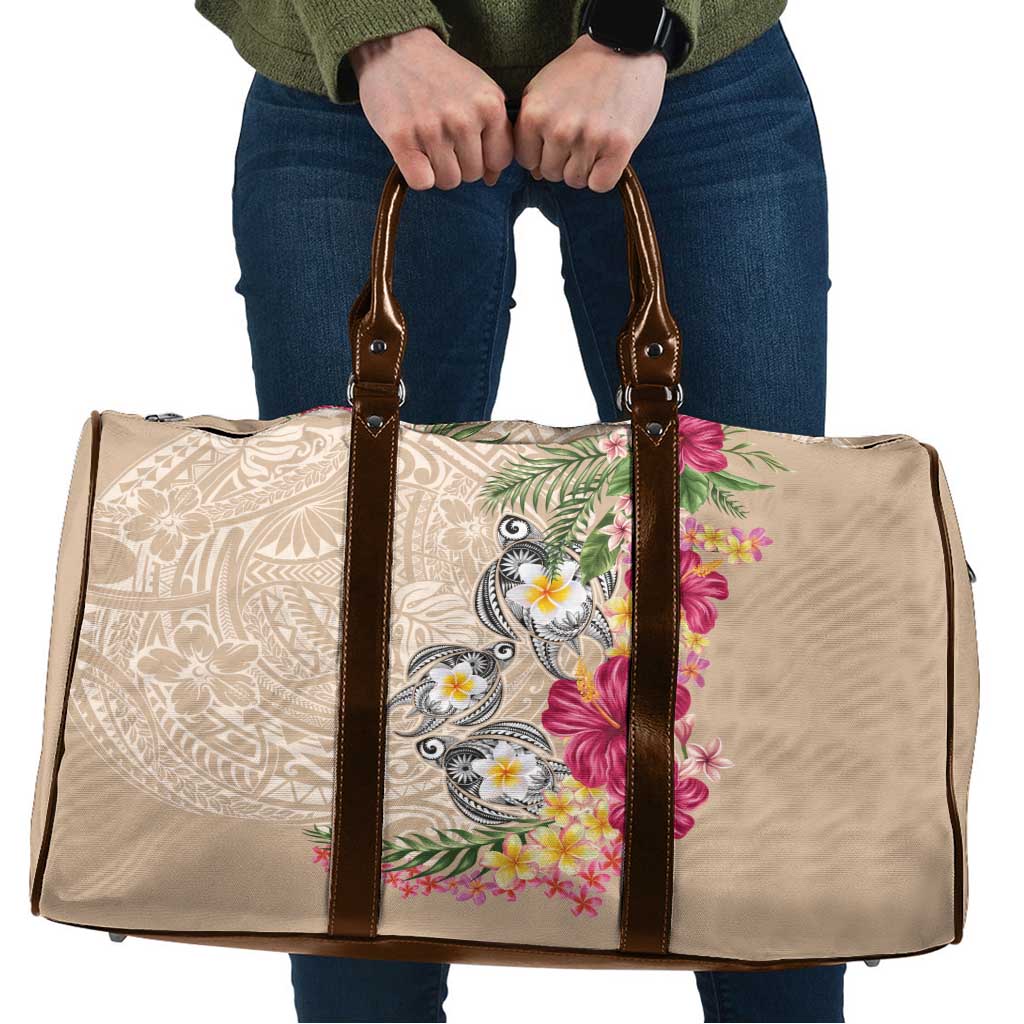 Hawaiian Tropical Flowers and Tribal Turtles Travel Bag Polynesian Art Motifs Beige Color - Polynesian Pride