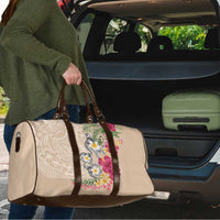Hawaiian Tropical Flowers and Tribal Turtles Travel Bag Polynesian Art Motifs Beige Color - Polynesian Pride