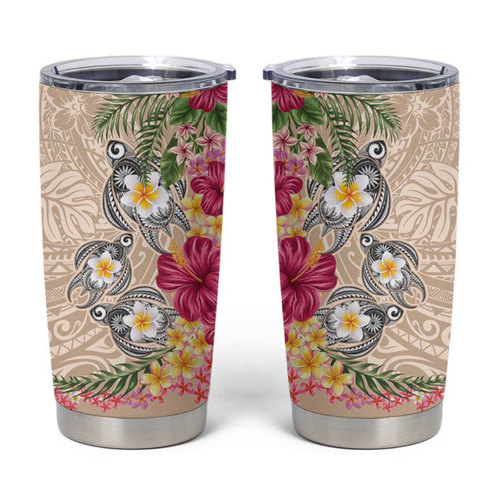 Hawaiian Tropical Flowers and Tribal Turtles Tumbler Cup Polynesian Art Motifs Beige Color - Polynesian Pride