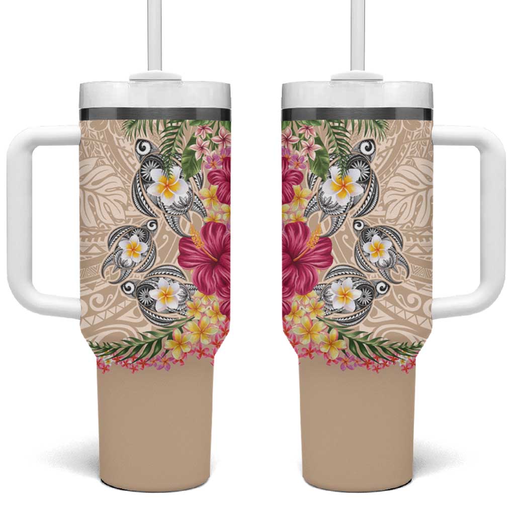 Hawaiian Tropical Flowers and Tribal Turtles Tumbler With Handle Polynesian Art Motifs Beige Color - Polynesian Pride