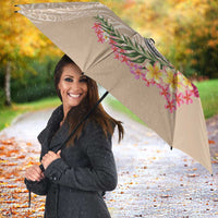 Hawaiian Tropical Flowers and Tribal Turtles Umbrella Polynesian Art Motifs Beige Color - Polynesian Pride