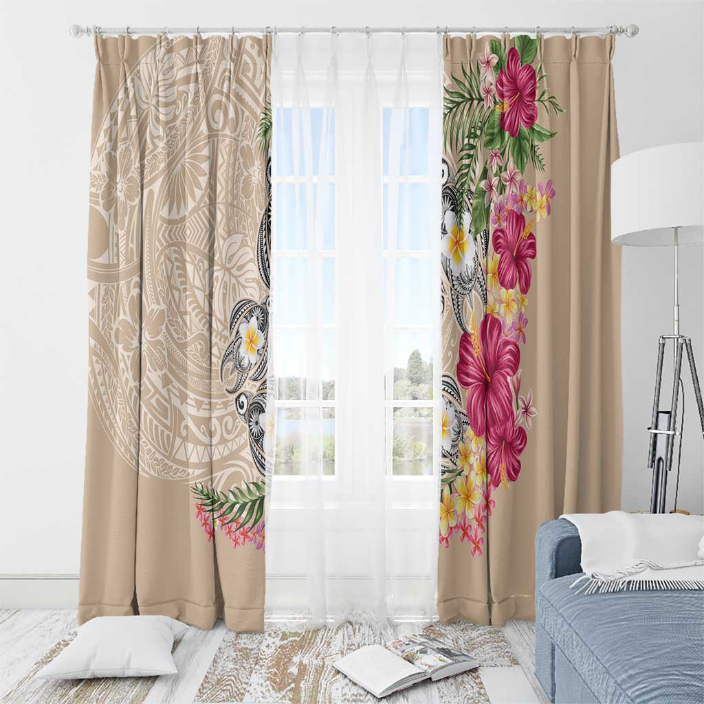 Hawaiian Tropical Flowers and Tribal Turtles Window Curtain Polynesian Art Motifs Beige Color - Polynesian Pride