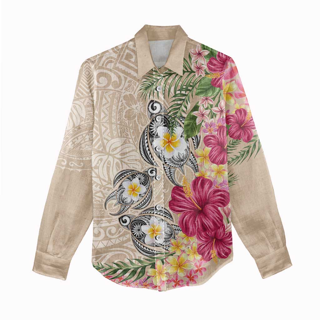 Hawaiian Tropical Flowers and Tribal Turtles Women Casual Shirt Polynesian Art Motifs Beige Color - Polynesian Pride