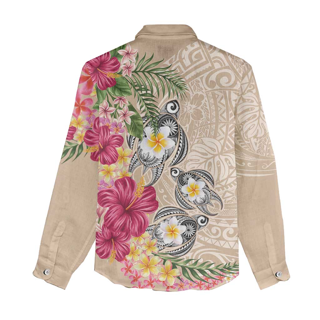 Hawaiian Tropical Flowers and Tribal Turtles Women Casual Shirt Polynesian Art Motifs Beige Color - Polynesian Pride