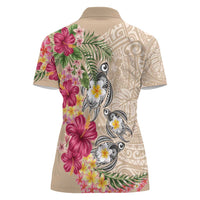 Hawaiian Tropical Flowers and Tribal Turtles Women Polo Shirt Polynesian Art Motifs Beige Color - Polynesian Pride