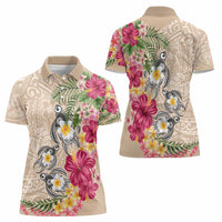 Hawaiian Tropical Flowers and Tribal Turtles Women Polo Shirt Polynesian Art Motifs Beige Color - Polynesian Pride