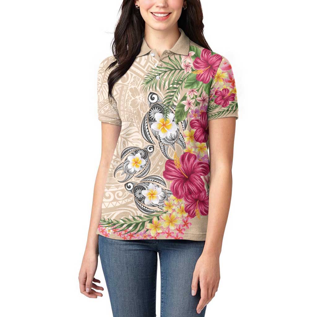 Hawaiian Tropical Flowers and Tribal Turtles Women Polo Shirt Polynesian Art Motifs Beige Color - Polynesian Pride