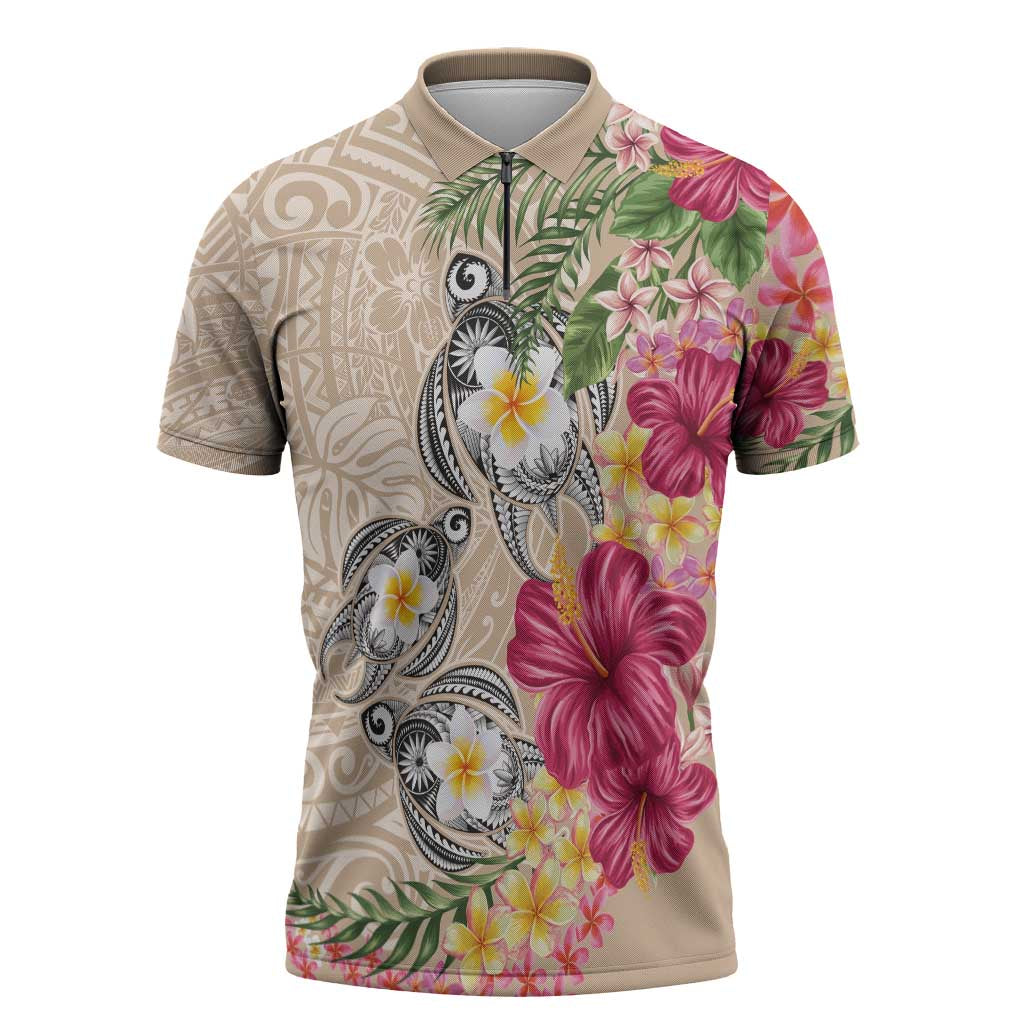 Hawaiian Tropical Flowers and Tribal Turtles Zipper Polo Shirt Polynesian Art Motifs Beige Color - Polynesian Pride