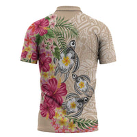 Hawaiian Tropical Flowers and Tribal Turtles Zipper Polo Shirt Polynesian Art Motifs Beige Color - Polynesian Pride