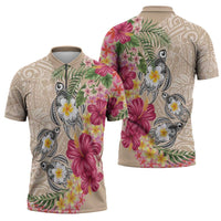 Hawaiian Tropical Flowers and Tribal Turtles Zipper Polo Shirt Polynesian Art Motifs Beige Color - Polynesian Pride