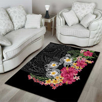 Hawaiian Tropical Flowers and Tribal Turtles Area Rug Polynesian Art Motifs Black Color - Polynesian Pride
