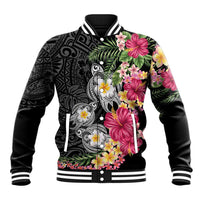 Hawaiian Tropical Flowers and Tribal Turtles Baseball Jacket Polynesian Art Motifs Black Color LT03 Unisex Black - Polynesian Pride