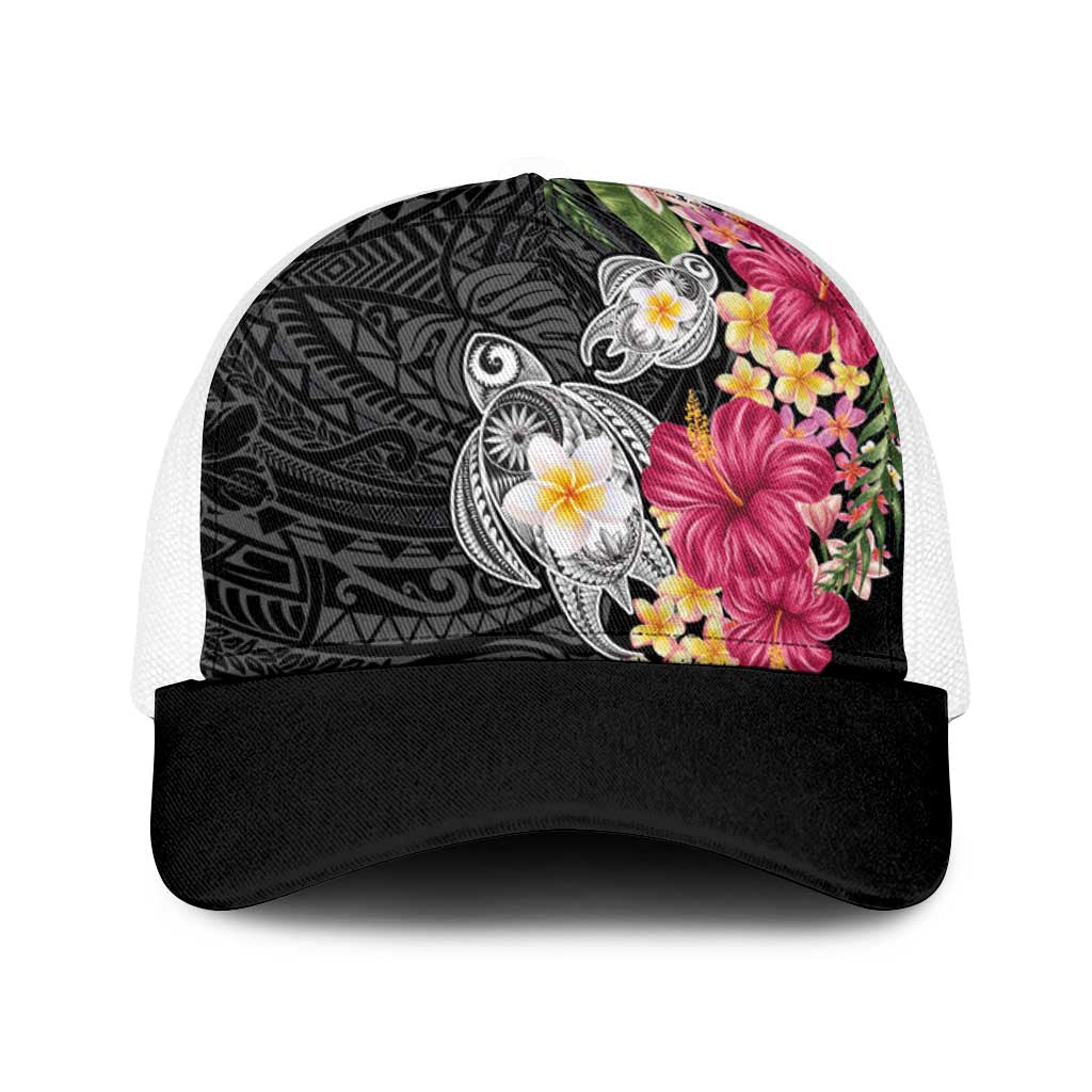 Hawaiian Tropical Flowers and Tribal Turtles Baseball Net Cap Polynesian Art Motifs Black Color LT03 One Size White Black - Polynesian Pride