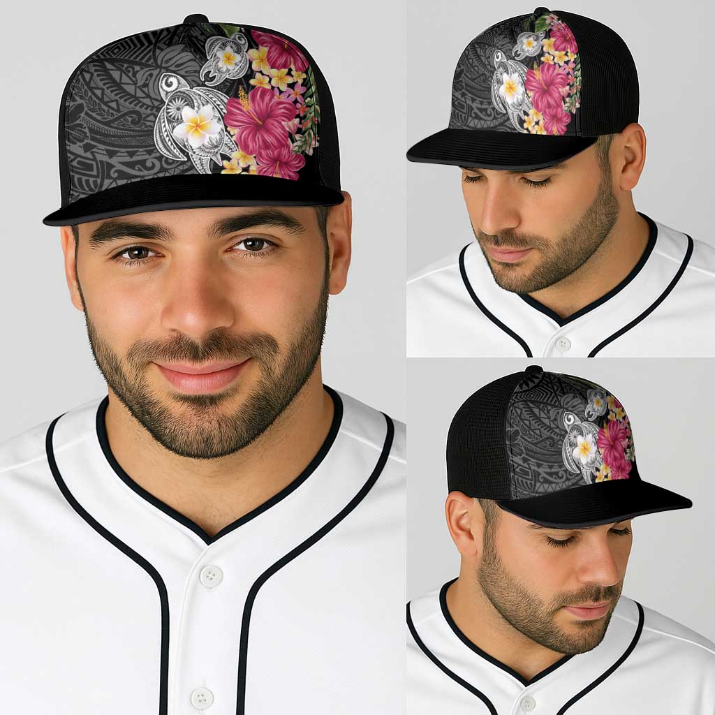 Hawaiian Tropical Flowers and Tribal Turtles Baseball Net Cap Polynesian Art Motifs Black Color LT03 - Polynesian Pride