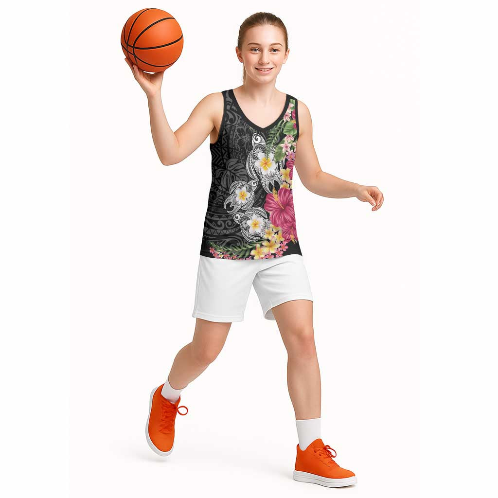 Hawaiian Tropical Flowers and Tribal Turtles Basketball Jersey Polynesian Art Motifs Black Color - Polynesian Pride