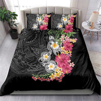 Hawaiian Tropical Flowers and Tribal Turtles Bedding Set Polynesian Art Motifs Black Color - Polynesian Pride