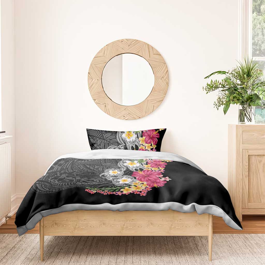 Hawaiian Tropical Flowers and Tribal Turtles Bedding Set Polynesian Art Motifs Black Color - Polynesian Pride