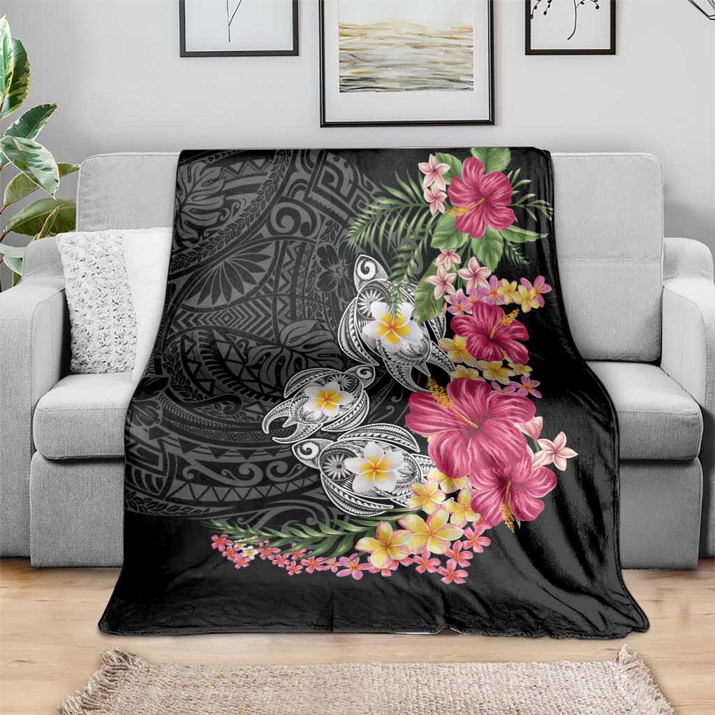 Hawaiian Tropical Flowers and Tribal Turtles Blanket Polynesian Art Motifs Black Color - Polynesian Pride