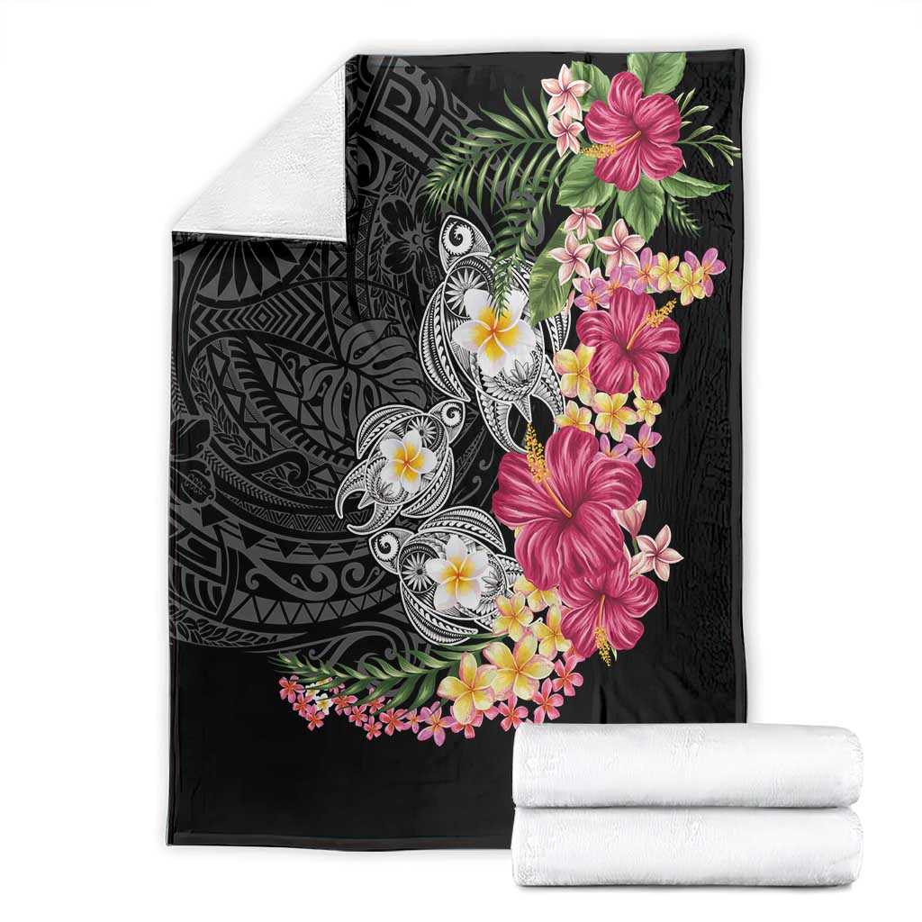 Hawaiian Tropical Flowers and Tribal Turtles Blanket Polynesian Art Motifs Black Color - Polynesian Pride