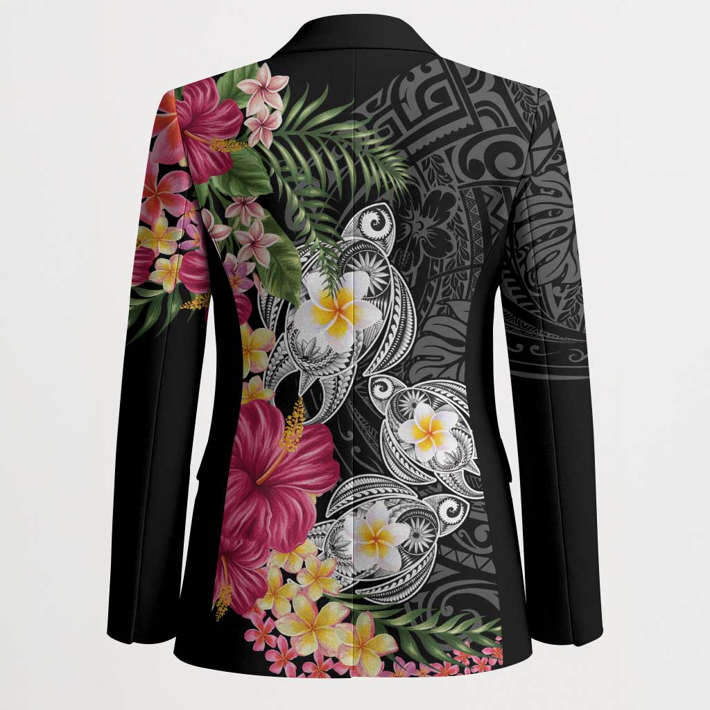 Hawaiian Tropical Flowers and Tribal Turtles Blazer Polynesian Art Motifs Black Color - Polynesian Pride
