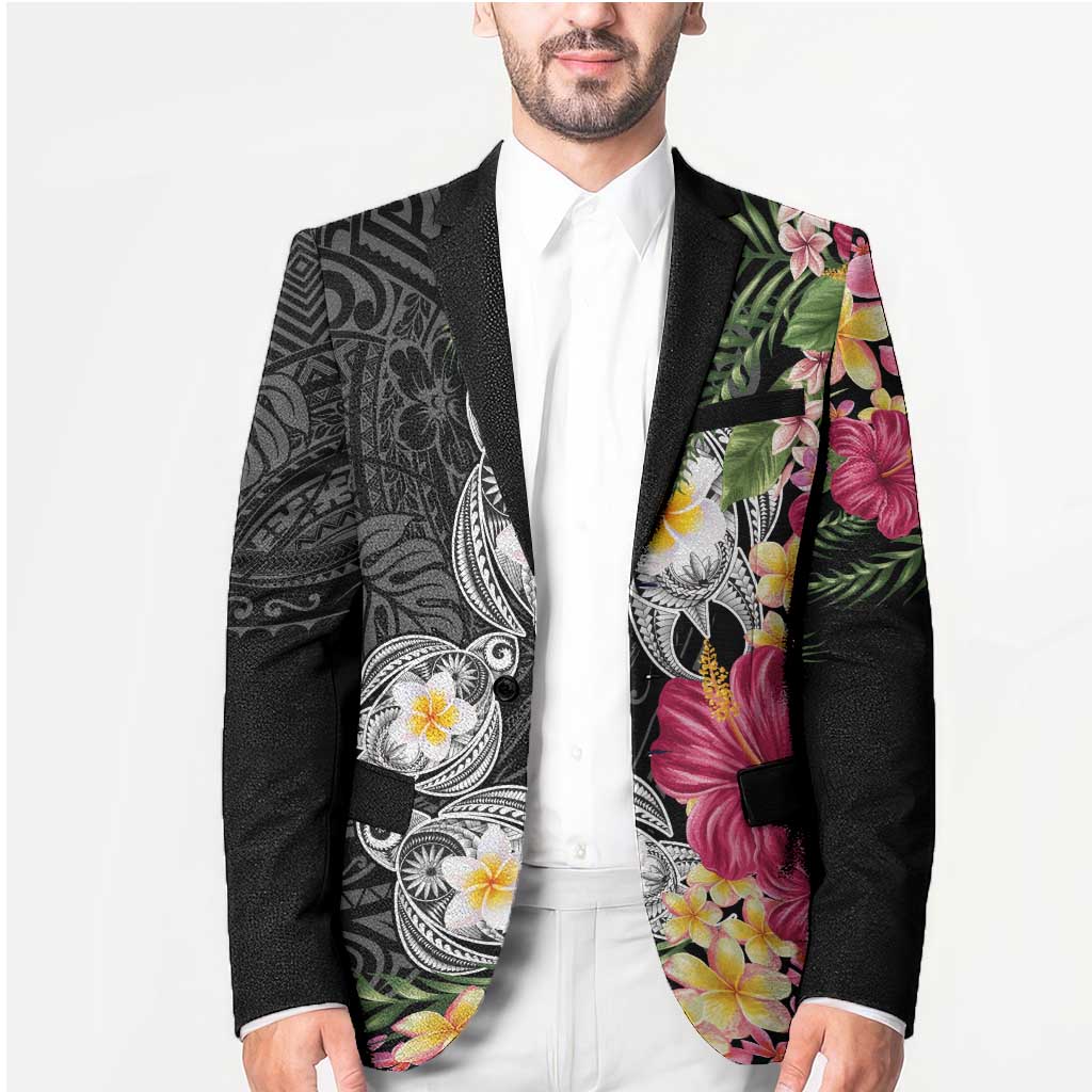 Hawaiian Tropical Flowers and Tribal Turtles Blazer Polynesian Art Motifs Black Color - Polynesian Pride