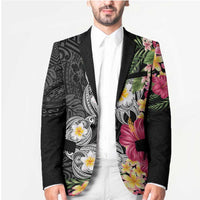 Hawaiian Tropical Flowers and Tribal Turtles Blazer Polynesian Art Motifs Black Color - Polynesian Pride