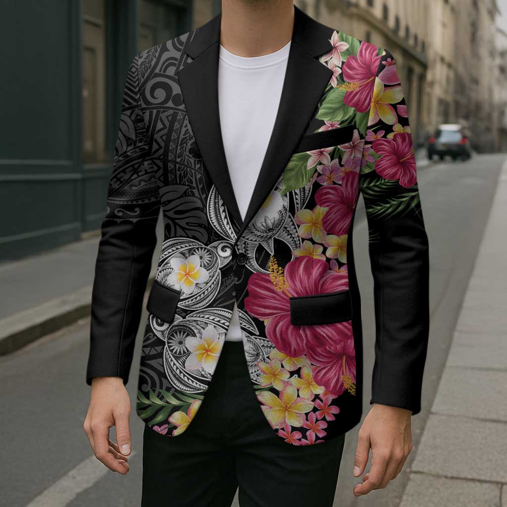 Hawaiian Tropical Flowers and Tribal Turtles Blazer Polynesian Art Motifs Black Color - Polynesian Pride