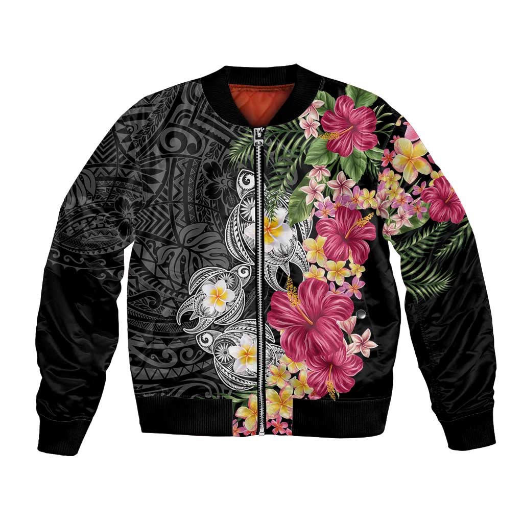 Hawaiian Tropical Flowers and Tribal Turtles Bomber Jacket Polynesian Art Motifs Black Color - Polynesian Pride
