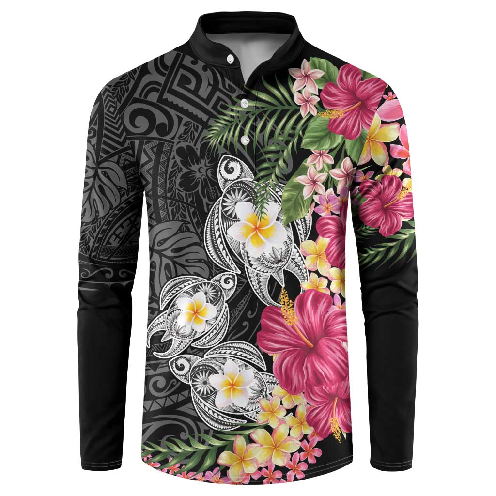 Hawaiian Tropical Flowers and Tribal Turtles Button Sweatshirt Polynesian Art Motifs Black Color LT03 Black - Polynesian Pride